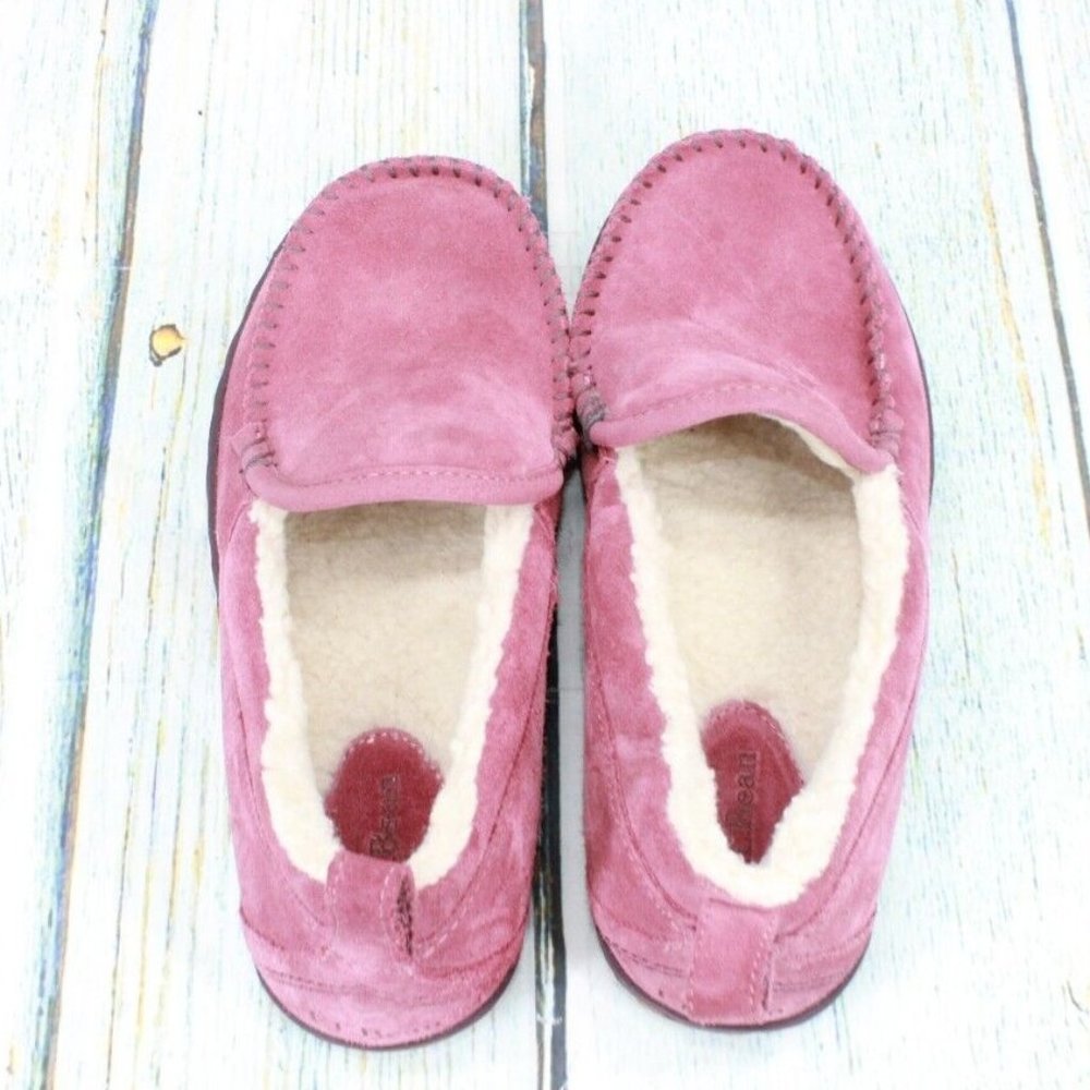LL Bean Pink Suede Fleece Lined Mountain Moccasin Slippers Size 7 Medium - Picture 7 of 9